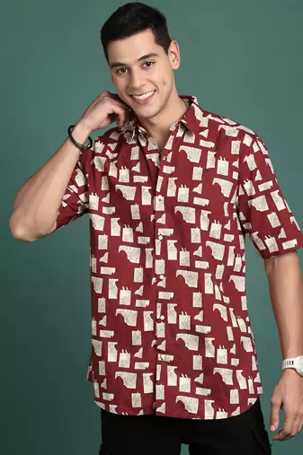 men's floral maroon slim fit shirt