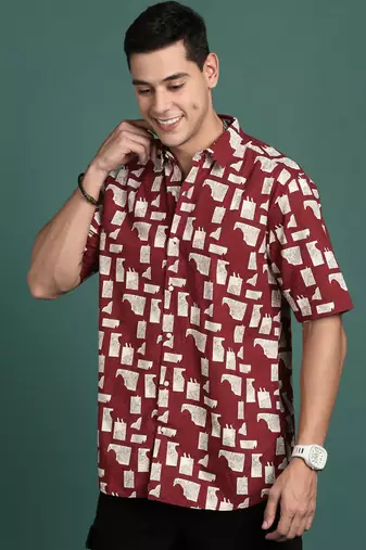men's floral maroon slim fit shirt