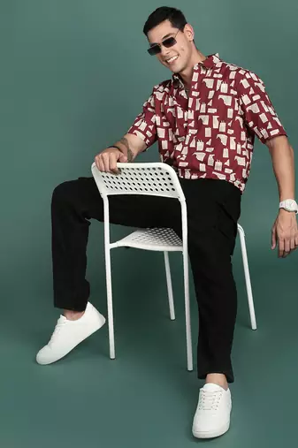 men's floral maroon slim fit shirt