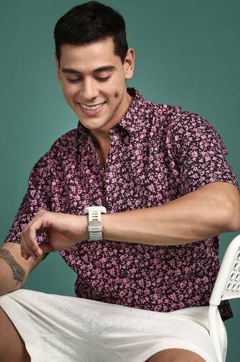 men's floral pink slim fit shirt