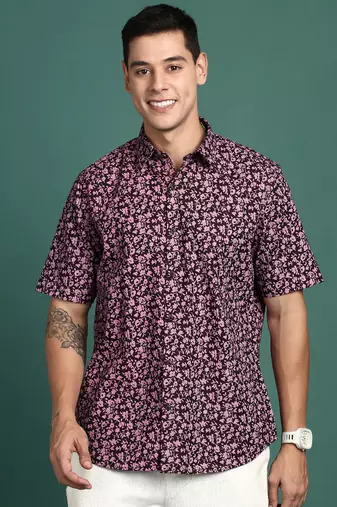 men's floral pink slim fit shirt