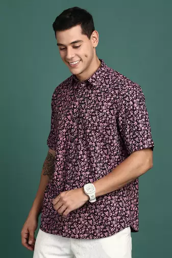 men's floral pink slim fit shirt