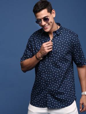 men's abstract navy blue slim fit shirt 1