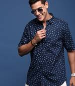 men's abstract navy blue slim fit shirt