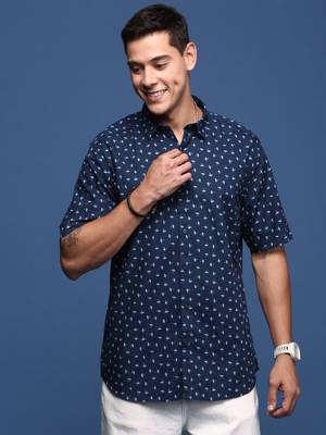 men's abstract navy blue slim fit shirt 2