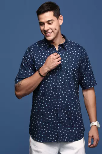 men's abstract navy blue slim fit shirt