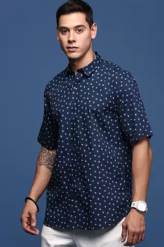 men's abstract navy blue slim fit shirt