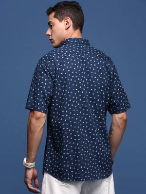 men's abstract navy blue slim fit shirt 4