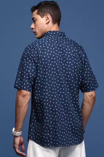 men's abstract navy blue slim fit shirt