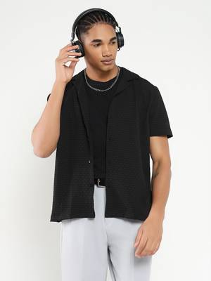 men's black cuban collar relaxed fit solid shirt 1