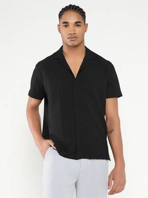 men's black cuban collar relaxed fit solid shirt 2