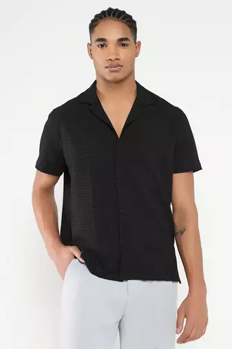 men's black cuban collar relaxed fit solid shirt