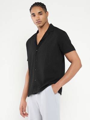 men's black cuban collar relaxed fit solid shirt 3