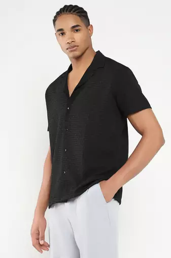 men's black cuban collar relaxed fit solid shirt