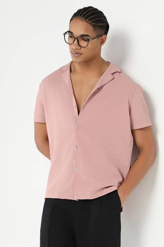 men's pink cuban collar relaxed fit solid shirt