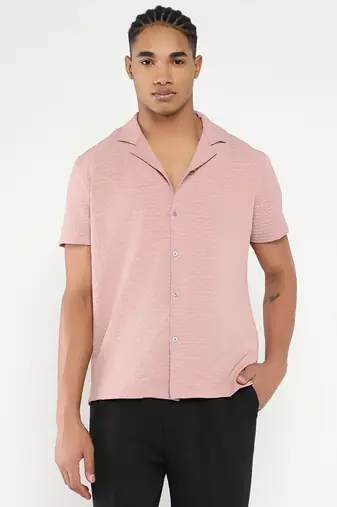 men's pink cuban collar relaxed fit solid shirt