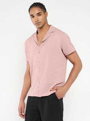 men's pink cuban collar relaxed fit solid shirt 3