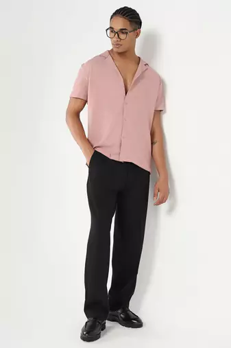 men's pink cuban collar relaxed fit solid shirt