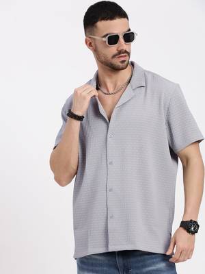 men's grey cuban collar relaxed fit solid shirt 1