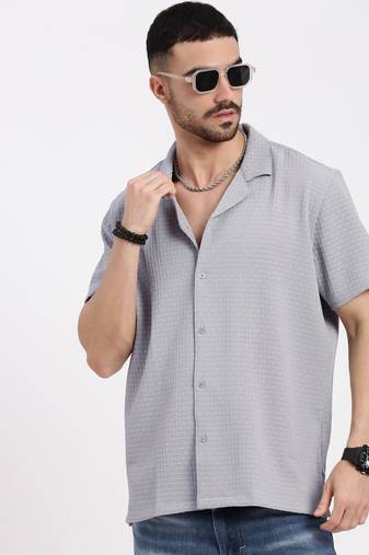 men's grey cuban collar relaxed fit solid shirt