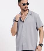 men's grey cuban collar relaxed fit solid shirt