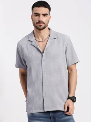 men's grey cuban collar relaxed fit solid shirt 2