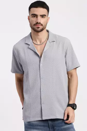 men's grey cuban collar relaxed fit solid shirt