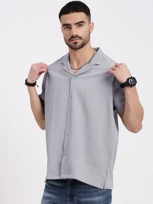 men's grey cuban collar relaxed fit solid shirt 3