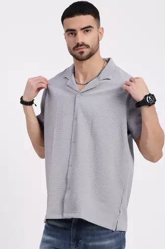 men's grey cuban collar relaxed fit solid shirt