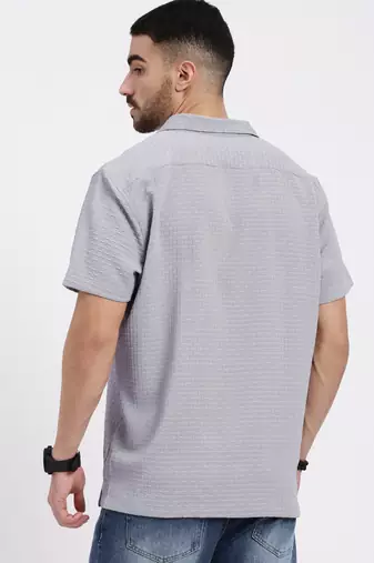 men's grey cuban collar relaxed fit solid shirt