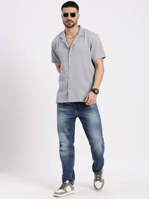 men's grey cuban collar relaxed fit solid shirt 5