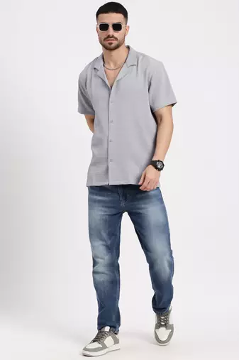 men's grey cuban collar relaxed fit solid shirt