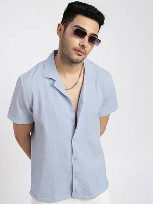 men's blue cuban collar relaxed fit solid shirt 1