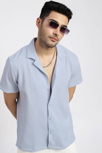 men's blue cuban collar relaxed fit solid shirt
