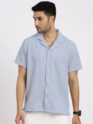 men's blue cuban collar relaxed fit solid shirt 2