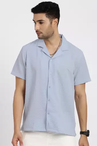 men's blue cuban collar relaxed fit solid shirt