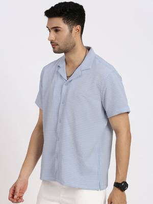 men's blue cuban collar relaxed fit solid shirt 3
