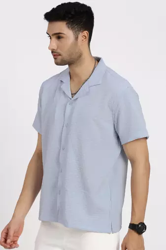 men's blue cuban collar relaxed fit solid shirt