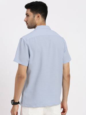 men's blue cuban collar relaxed fit solid shirt 4