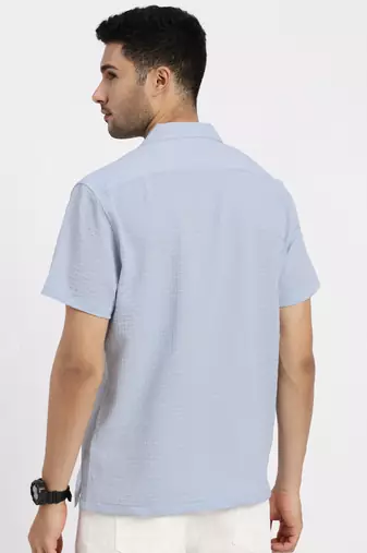 men's blue cuban collar relaxed fit solid shirt