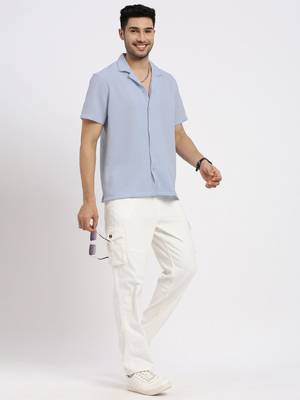men's blue cuban collar relaxed fit solid shirt 5