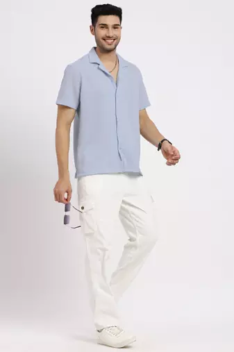 men's blue cuban collar relaxed fit solid shirt