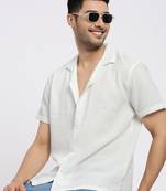 men's white cuban collar relaxed fit solid shirt