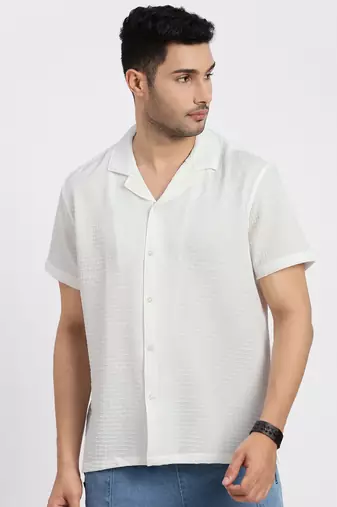 men's white cuban collar relaxed fit solid shirt