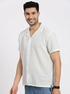 men's white cuban collar relaxed fit solid shirt 3