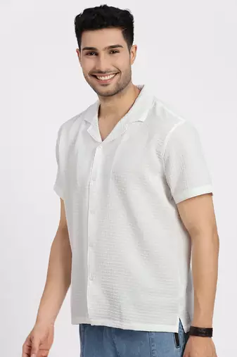 men's white cuban collar relaxed fit solid shirt