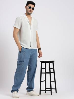 men's white cuban collar relaxed fit solid shirt 5