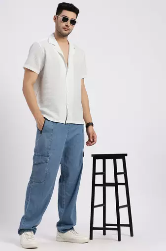 men's white cuban collar relaxed fit solid shirt