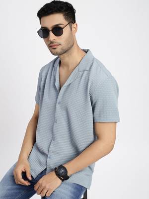 men's blue cuban collar relaxed fit solid shirt 1