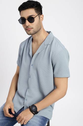 men's blue cuban collar relaxed fit solid shirt